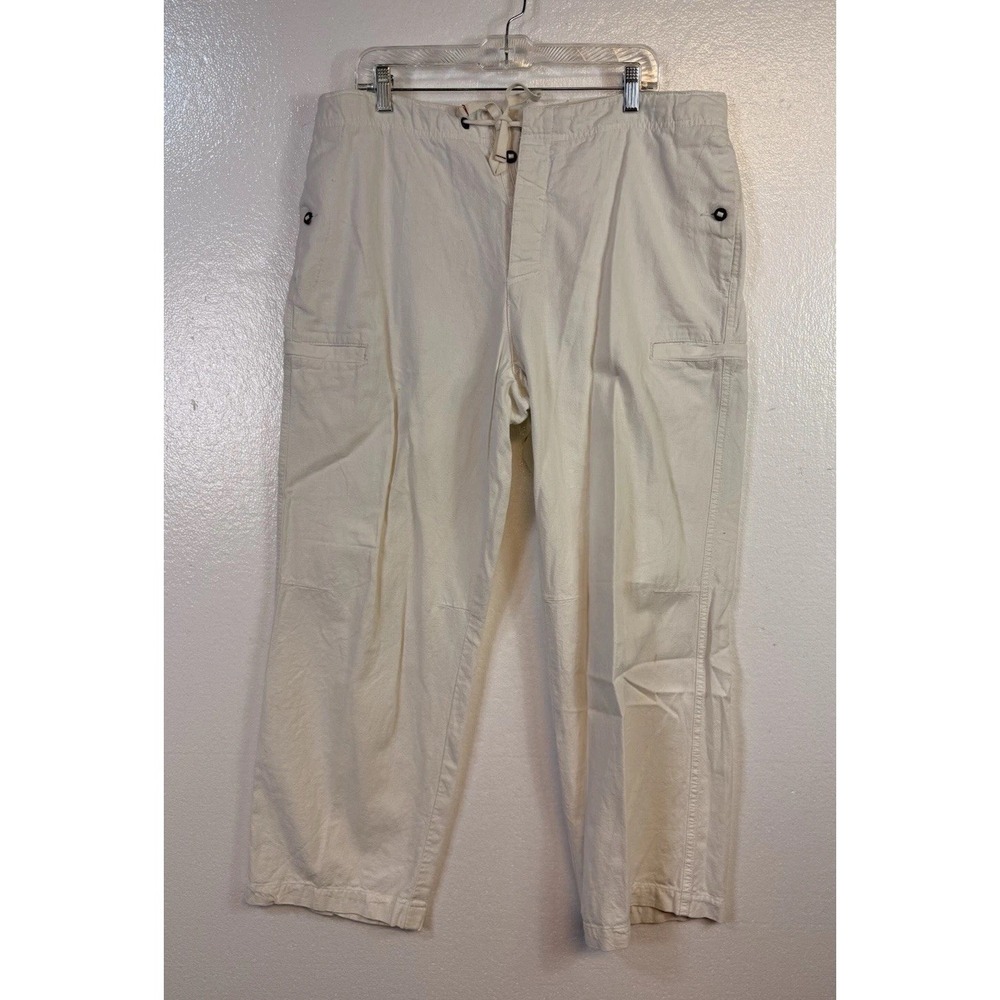Y2K Express Linen Blend Drawstring Pants Men XL Beige Button Fly Wide Leg Beach